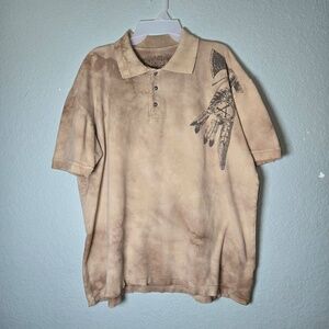 AFFLICTION Indian Skeleton Horseman Tomahawk Tan Tie Dye Polo Shirt Mens XXL